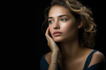 Woman thinking, contemplating, thoughtful. Dark background. Stillness Within. Thoughtful Gaze. Serene Loneliness.  Hand on chin. Thought. Teen girl. Blond short hair. Shoulder length blond hair. 