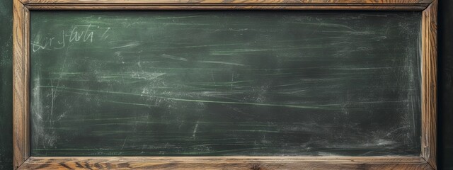 Empty green chalkboard background with wooden frame. Dirty erased chalk texture on blank blackboard with copyspace and wood border. Restaurant menu or back to school education concept