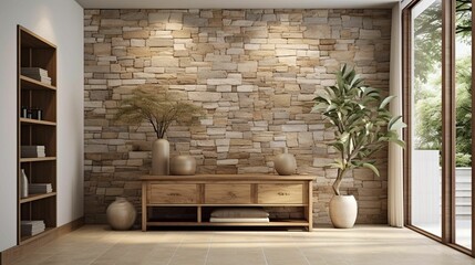 Interior shot of a modern living room with a unique brown brick wall feature, AI-generated.