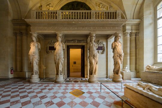 Louvre Museum, Paris, France. 21.10.2015: The room of the caryatides, 1550. Sculptures by Jean Goujon. Year 1510-1572. Sully wing, Ground floor, Room 17.