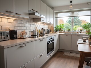 white small small-sized kitchen in Scandinavian style with modern appliances and a large window opposite the sink.