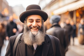 Portrait of senior orthodox jewish man in city. Religious man. Judaism, religion concept. Background for Israel holiday, festival, celebration - obrazy, fototapety, plakaty