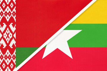 Belarus and Myanmar or Burma, symbol of country. Belarusian vs Burmese national flags.
