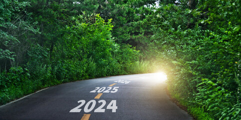 Summer asphalt curvy road with new year numbers 2024,2025 and 2026