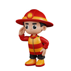 3d Character Firefighter Looking Pose. 3d render isolated on transparent backdrop.