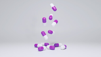 Capsule pills on white background. A group of antibiotic pill capsules. Health care and medicine concept.