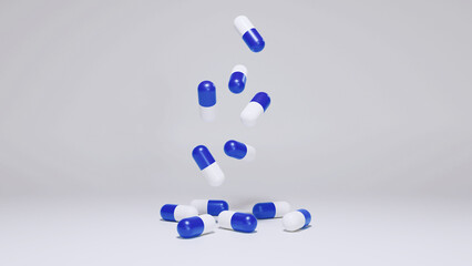 Capsule pills on white background. A group of antibiotic pill capsules. Health care and medicine concept.