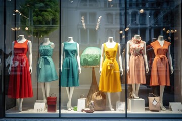 Mannequins in Fashion Store Window Display - obrazy, fototapety, plakaty