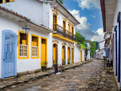 Street of historical center in Paraty, Rio de Janeiro, Brazil. Paraty is a preserved Portuguese colonial and Brazilian Imperial municipality