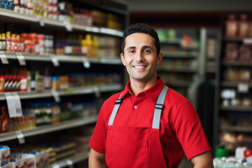 Young man is working in supermarket, owner of grocery store