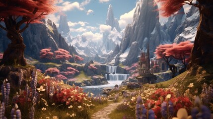 Stunning beautiful mountain scenery with open skies and surroundings fantasy and cinematic mountains.Generative AI