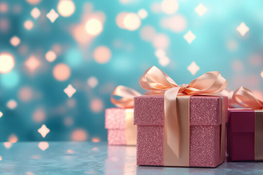 Pink festive gift boxes on blue background with beautiful bokeh and place for text