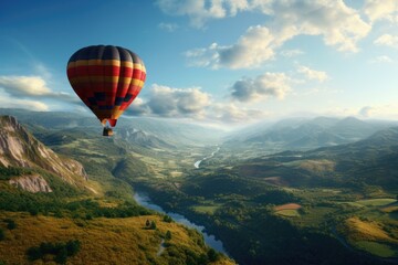Hot Air Balloon Flying Over Valley