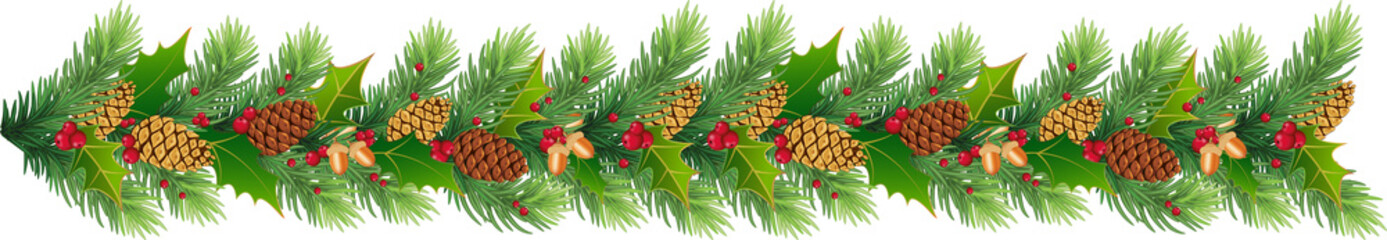 Pine wreath, garland with winter decor. Cones and berries on green branches. Christmas, transparent, png.