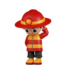 3d Character Firefighter Worry Pose. 3d render isolated on transparent backdrop.