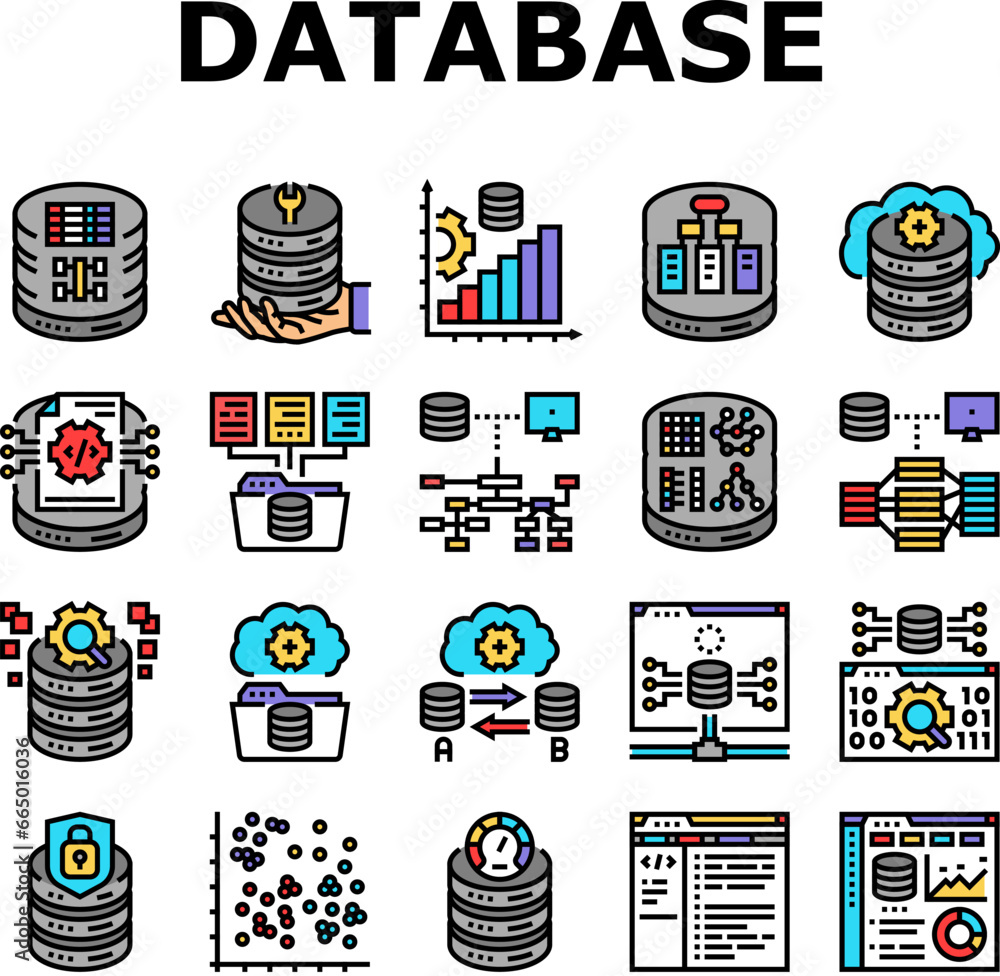 Poster database administrator server icons set vector. technology business, laptop computer, cloud system, 