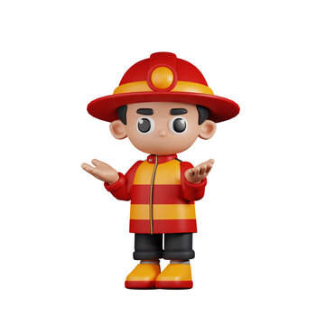 3d Character Firefighter Confused Pose. 3d render isolated on transparent backdrop.