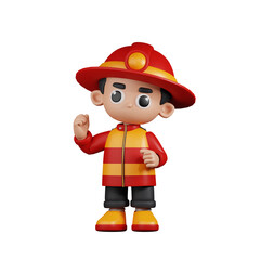 3d Character Firefighter Congratulation Pose. 3d render isolated on transparent backdrop.