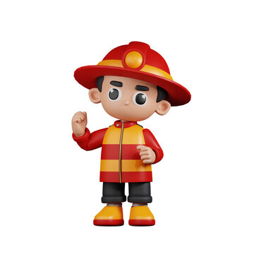 3d Character Firefighter Congratulation Pose. 3d render isolated on transparent backdrop.