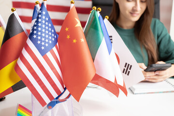 Learning foreign languages, student with a phone app, online language course, global education © yta