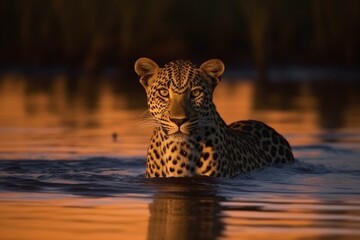Beautiful leopard with spotted fur standing in water during sunset. Generative AI