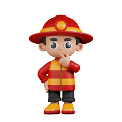 3d Character Firefighter Curious Pose. 3d render isolated on transparent backdrop.