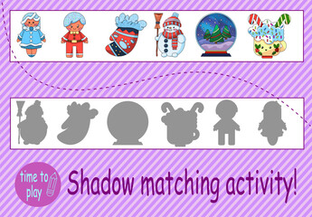 Children's educational game. logic game. find the correct shadow.  education. children's book. 
New Year. Christmas	