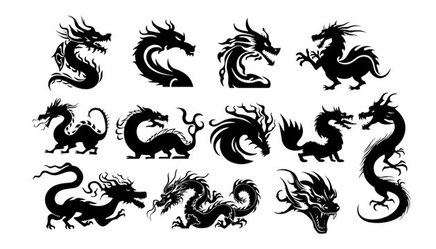 Chineses Dragons Silhouettes Vector Set For Chinese Year 2024 Year Of The Dragon, Chinese Zodiac Dragon Collection Vector Illustration Set. Chinese New Year 2024 Vector Set
