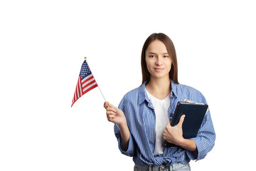 student with american flag isolated, language learning, immigration, foreign education, work abroad