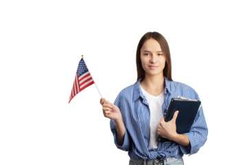 student with american flag isolated, language learning, immigration, foreign education, work abroad
