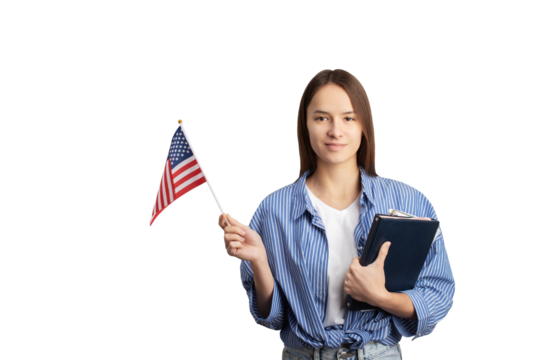 student with american flag isolated, language learning, immigration, foreign education, work abroad