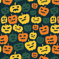 Vector Halloween pattern with different pumpkins on green background. Great element for your Halloween design.