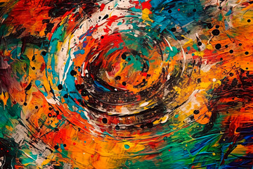 Abstract work of art, colorful painting of spots and splashes in a circle