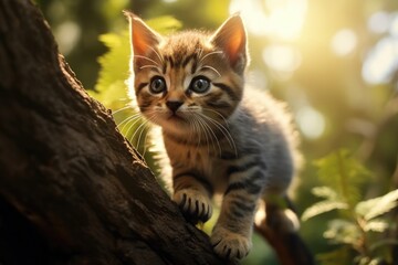 Naklejka na ściany i meble Small Kitten on Tree Branch