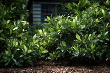 Obraz premium Close Up of Bush with House in Background