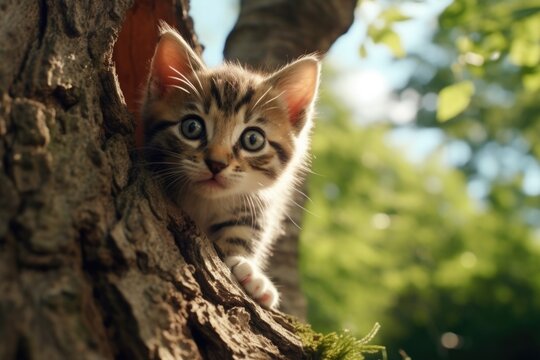 Cute Kitten Sitting on Tree