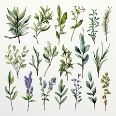 Collection of watercolor herbs clipart on white background.