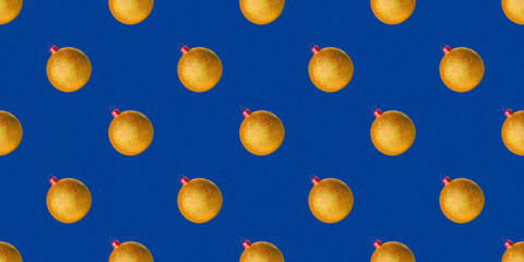 Gold yellow shiny Christmas baubles isolated blue pastel background New year decoration Glitter ball Minimal composition seamless photo pattern Winter holiday concept Front view flat lay Xmas template