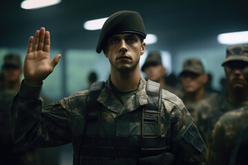 Military man raising hand - obrazy, fototapety, plakaty