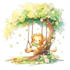 Obraz na płótnie Canvas Cute and happy baby lion on swings on the tree in watercolor style.