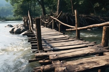 Wooden Bridge Over River in Woods