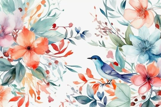 Seamless watercolor pattern featuring floral and avian elements on a white background. Generative AI