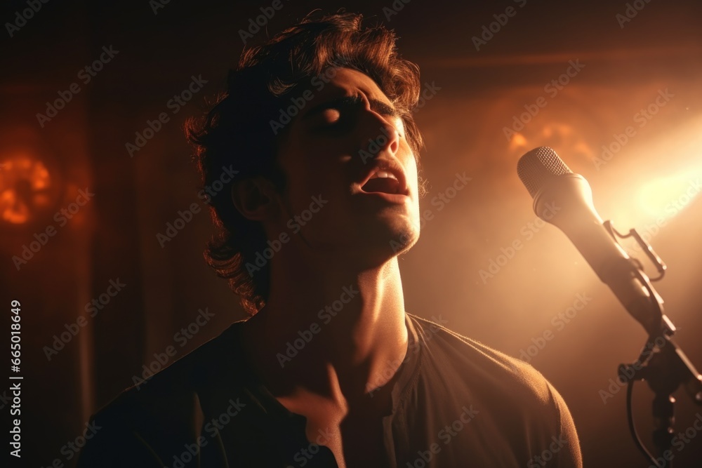 Poster man singing into microphone in dark room