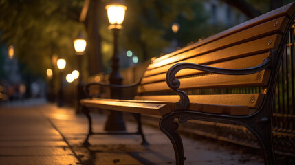 Close-up shot of inviting benches nestled along a quiet night alley in a city park - Powered by Adobe