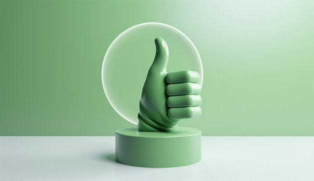 Pouce lev&eacute; vert , symbolisant le like des r&eacute;seaux sociaux. Isol&eacute; sur fond uni, rendu et environnement 3D