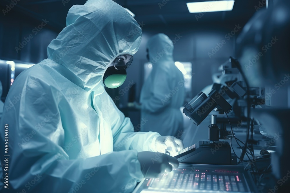Poster man in lab coat working on computer