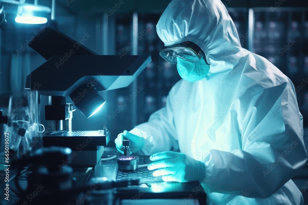 Poster man in lab coat working on computer