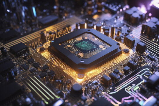 Illuminating circuitry lighting a semiconductor chip on motherboard, concept illustration showcasing or unvieling the next generation all powerful integrated circuit microprocessor, gpu or microchip.