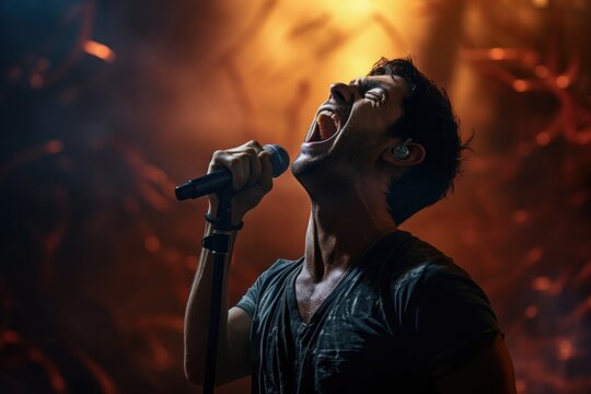 Man Singing into Microphone on Stage