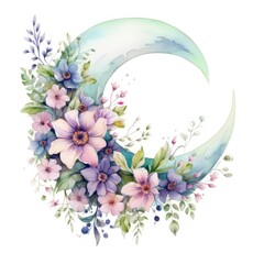 Watercolor floral Moon with greenery on a white background.